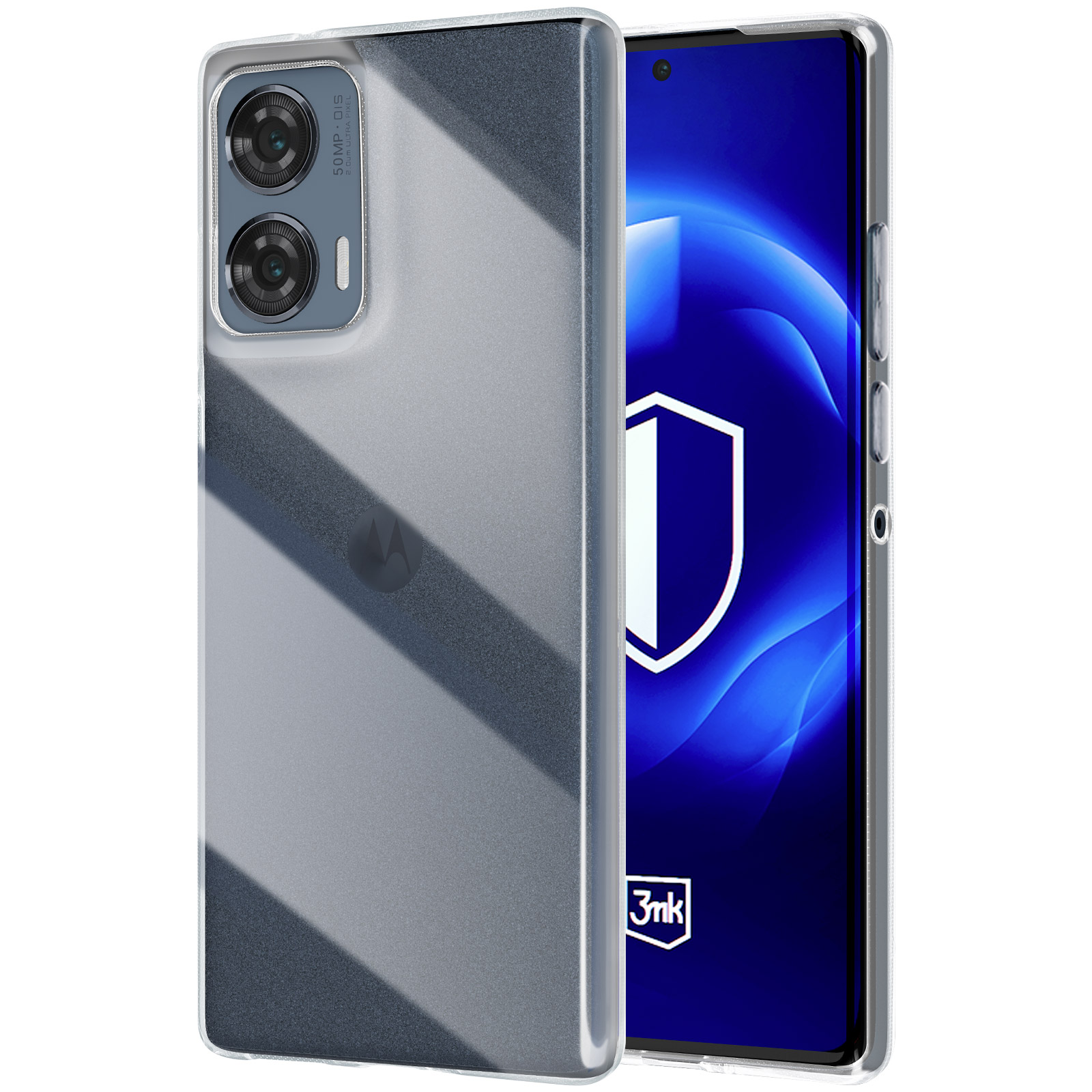 Coque de téléphone transparente sur une surface blanche, avec un téléphone à l'intérieur. Dégradé gris au dos.