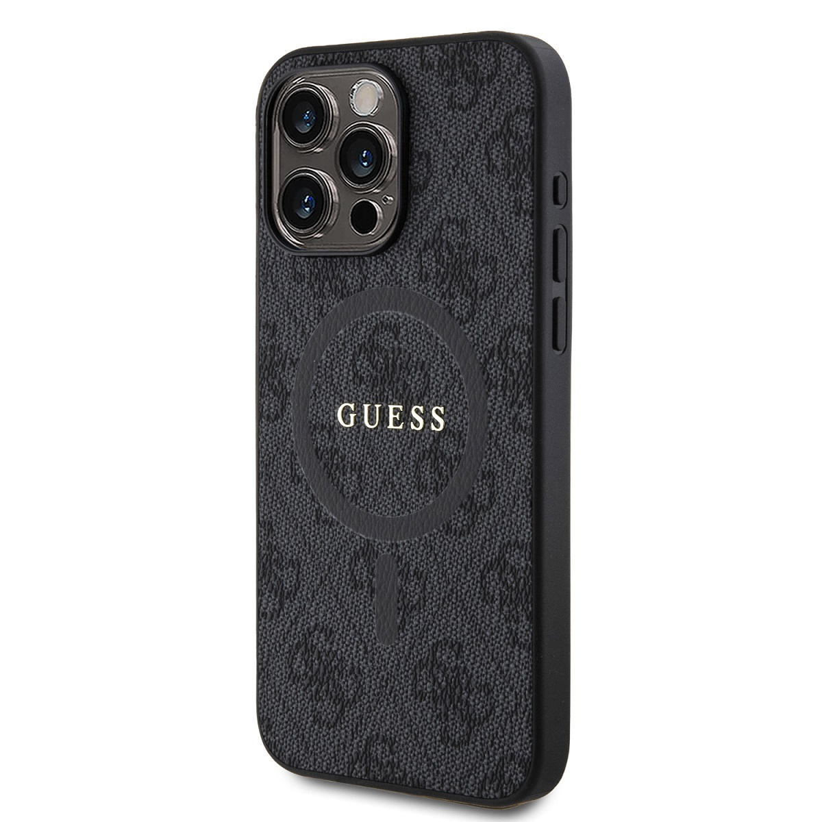 Custodia nera per telefono con logo GUESS e anello MagSafe.