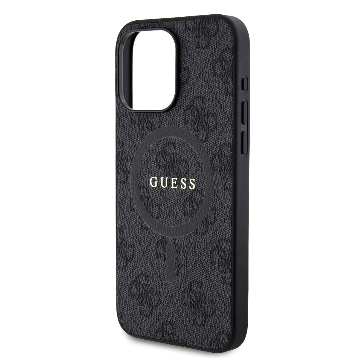 Custodia nera con logo GUESS. Il telefono è all'interno.