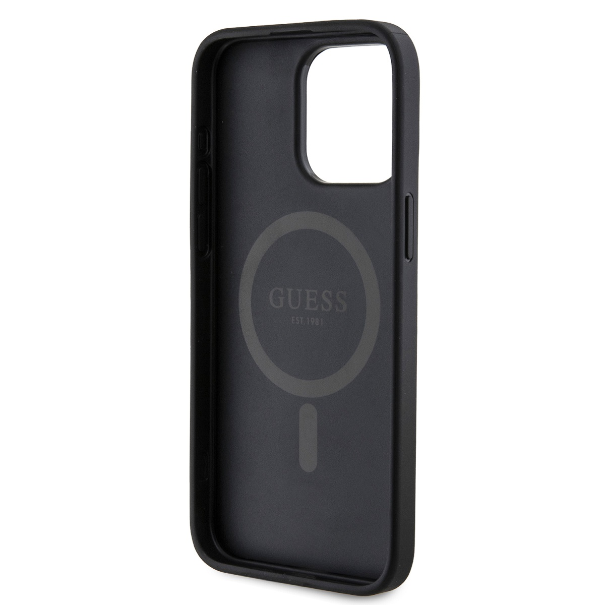 Custodia nera per telefono con logo Guess e design circolare.
