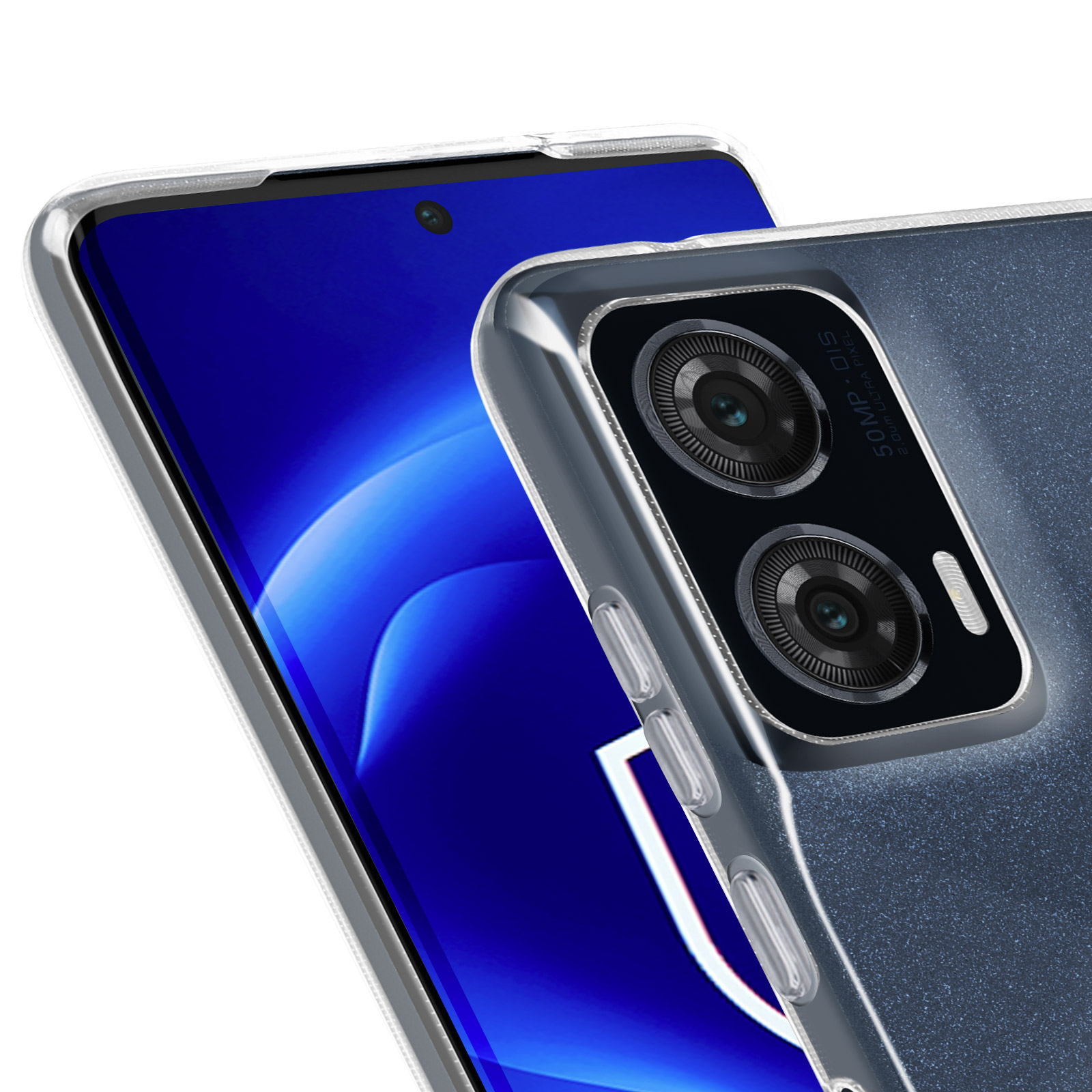 Gros plan sur un téléphone et une coque transparente. L'écran du téléphone est visible.