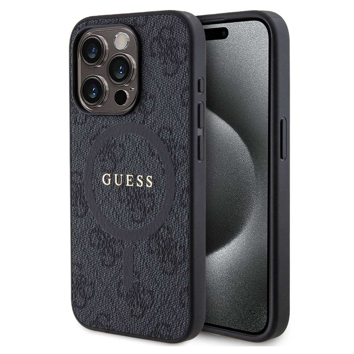 Custodia per telefono Guess con telefono. Custodia Guess nera, telefono a destra. Custodia nera, logo Guess, telefono nero.