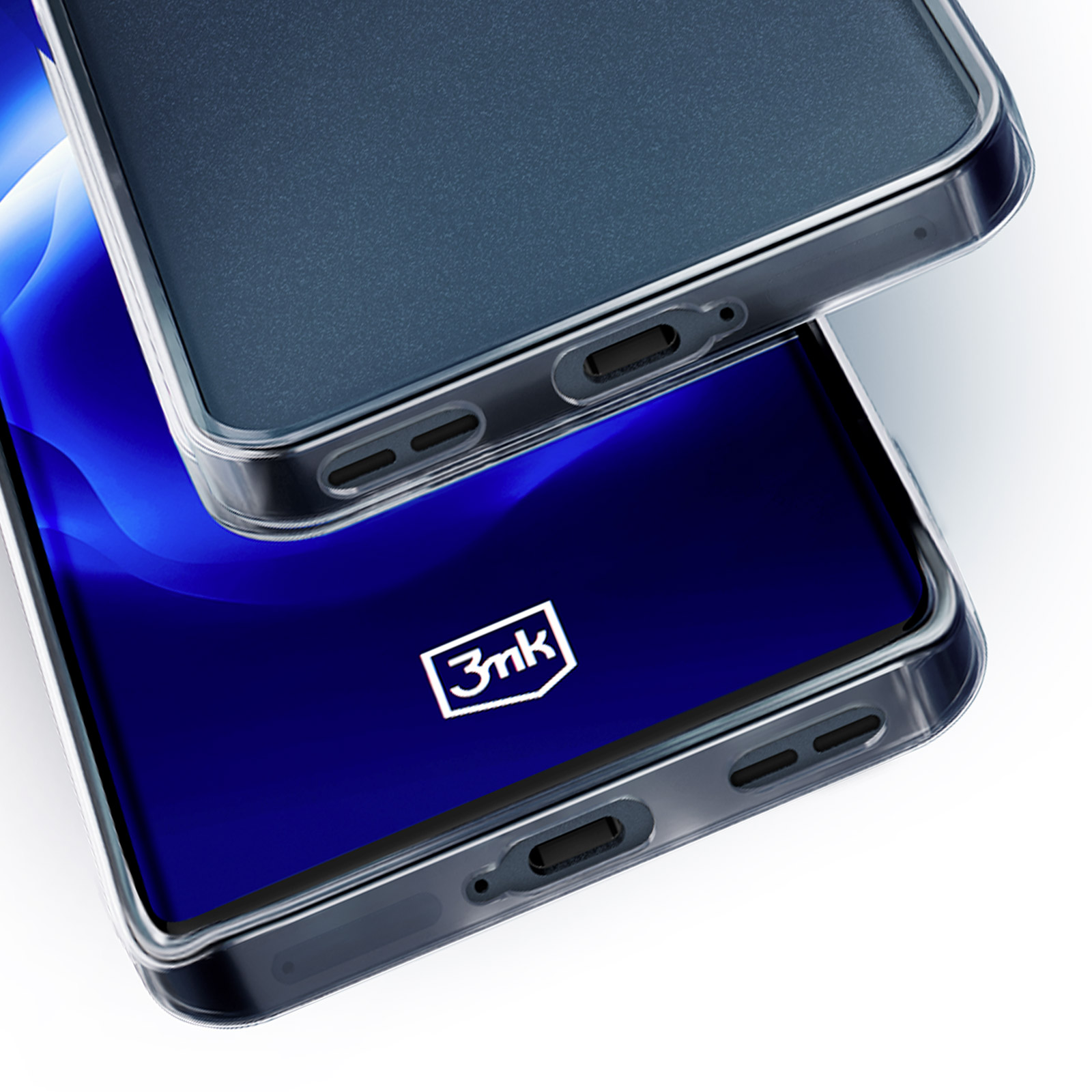 Coques de téléphone transparentes, l'une sur l'autre. Logo '3mk' visible sur le téléphone du bas.