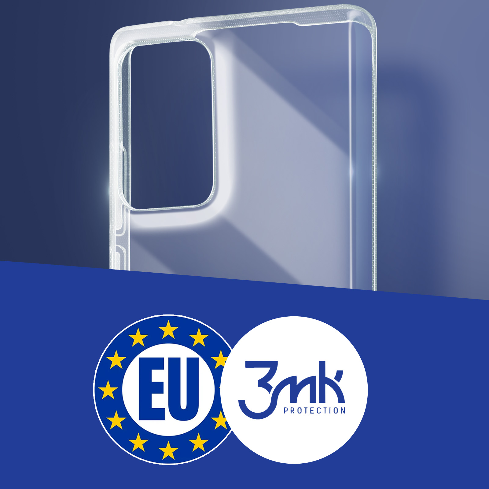 Coque transparente avec logos UE et 3mk Protection, sur fond bleu.