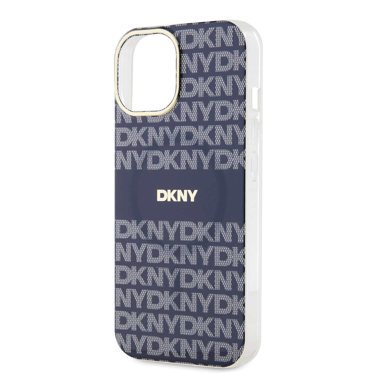 Custodia per telefono DKNY blu navy con motivo logo DKNY bianco. Rifiniture dorate.