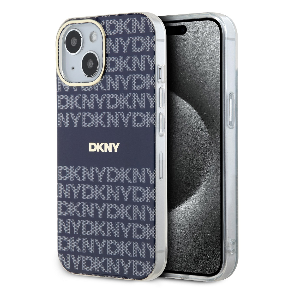 iPhone in una custodia DKNY con motivo logo DKNY blu. La custodia è trasparente con dettagli dorati.