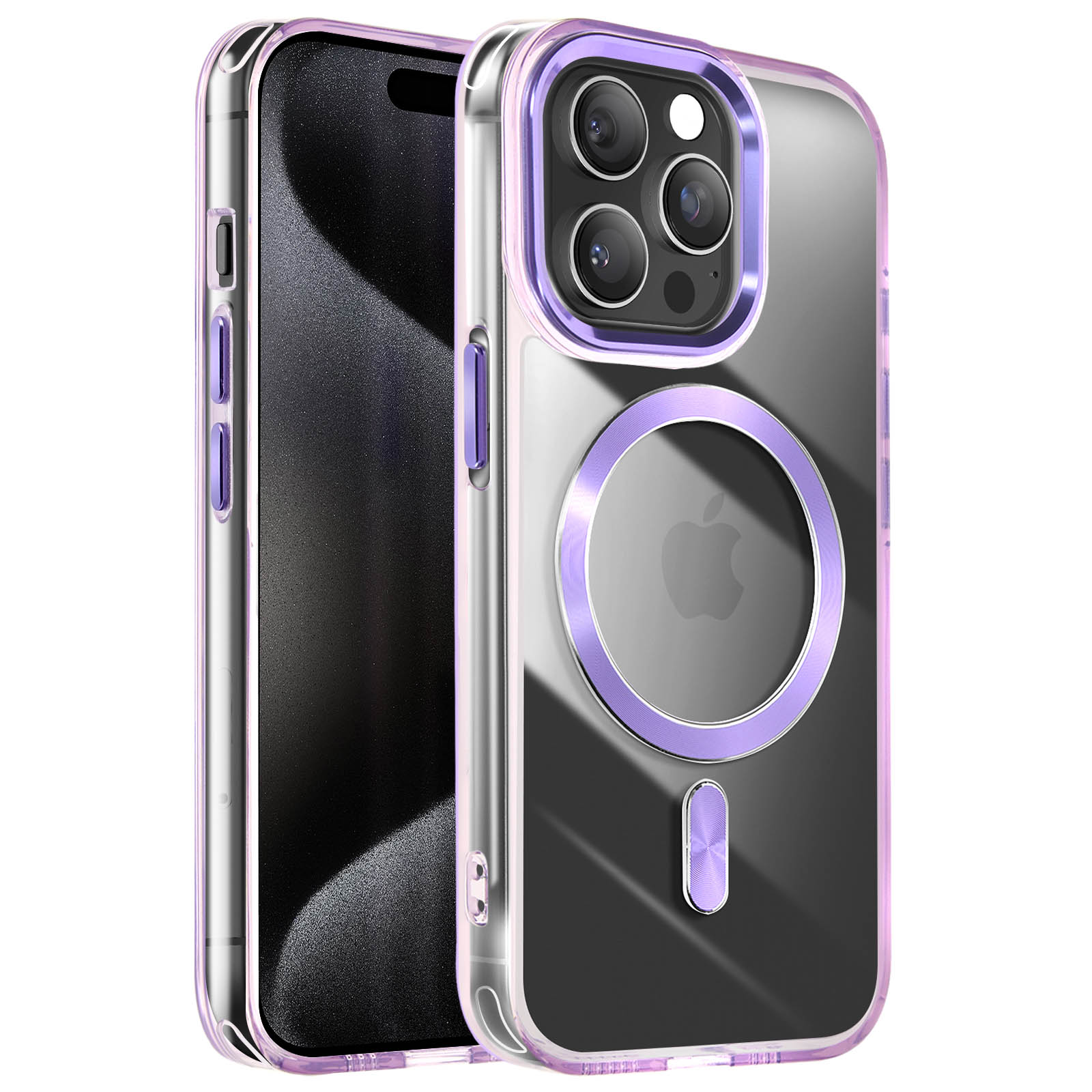 Telefono con custodia viola e trasparente, accanto a un altro telefono.