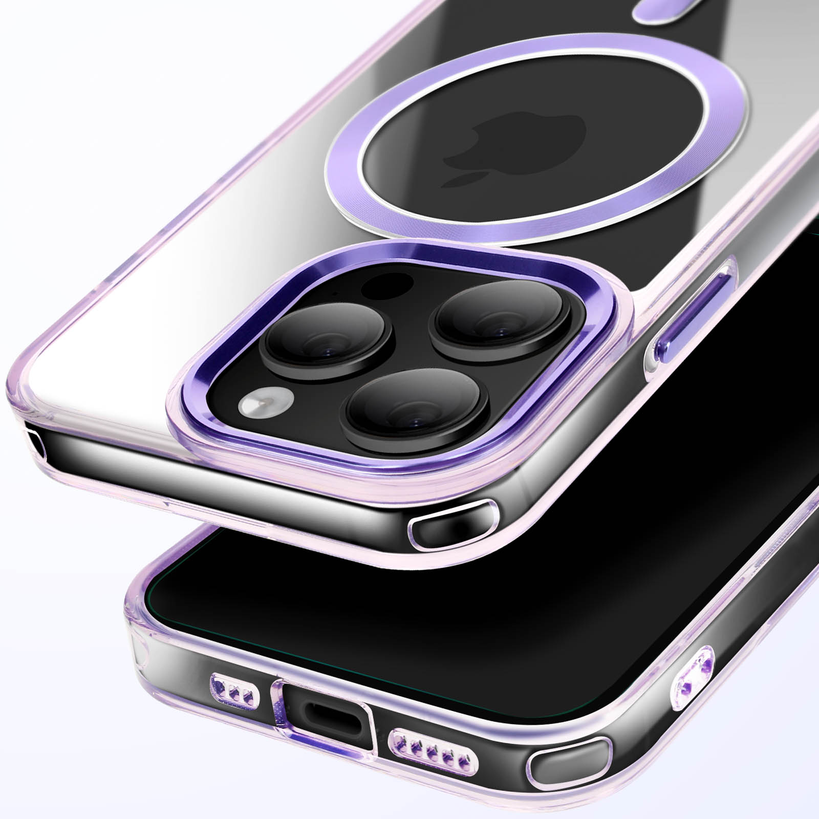 Custodia trasparente con dettagli viola. Il telefono è all'interno della custodia.