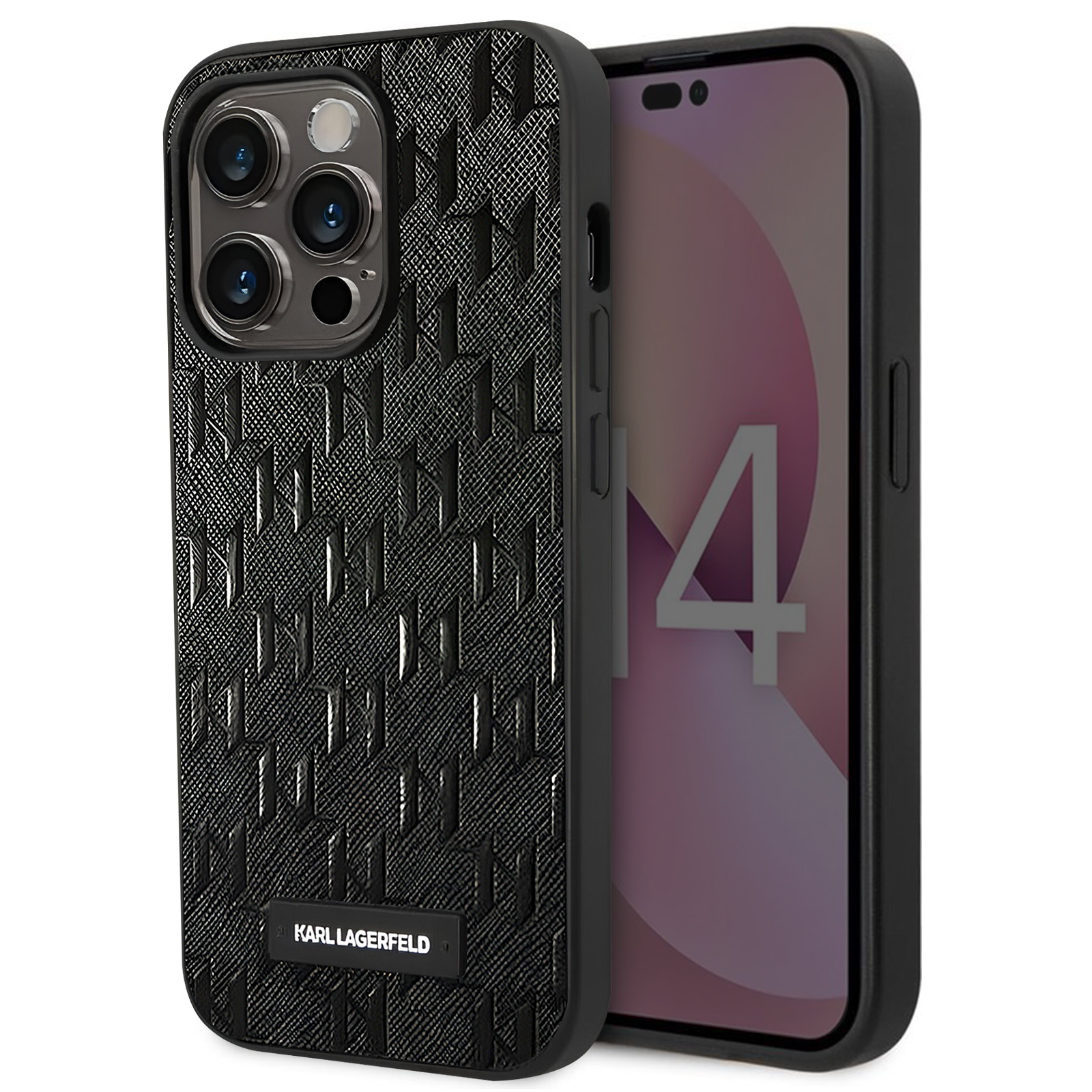 Un iPhone in una custodia nera con il design del logo Karl Lagerfeld.