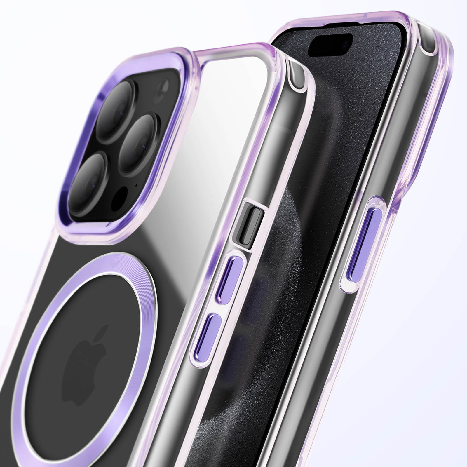 Custodia trasparente con dettagli viola. Il telefono è nella custodia.