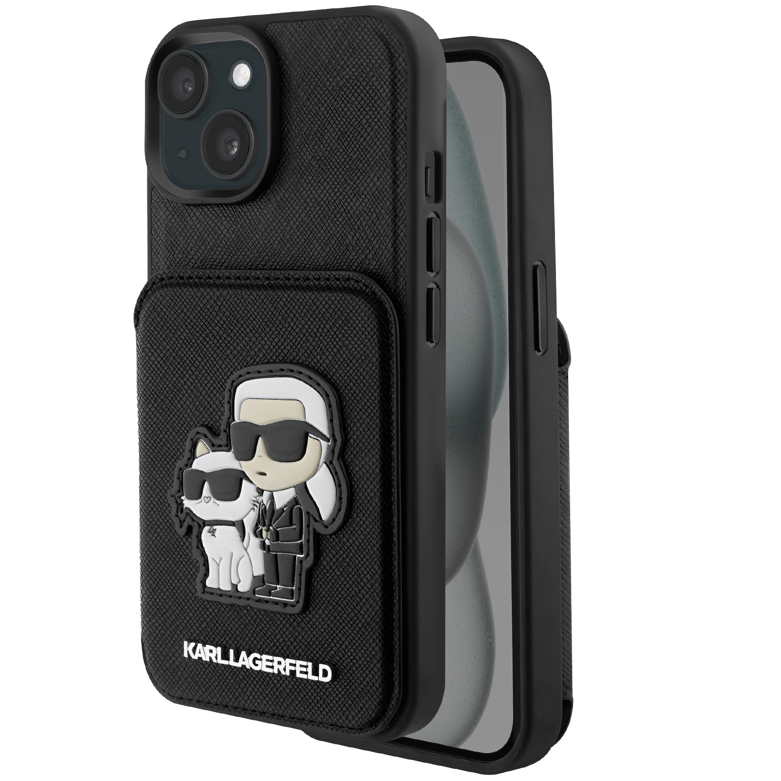 Custodia nera per telefono con figure di Karl Lagerfeld. Un telefono è nella custodia, accanto a un altro.