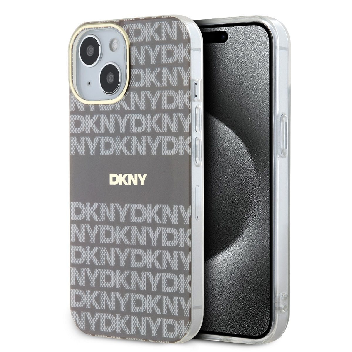 Telefono e custodia, logo DKNY e motivo NYDKNY ripetuto, marrone e beige.