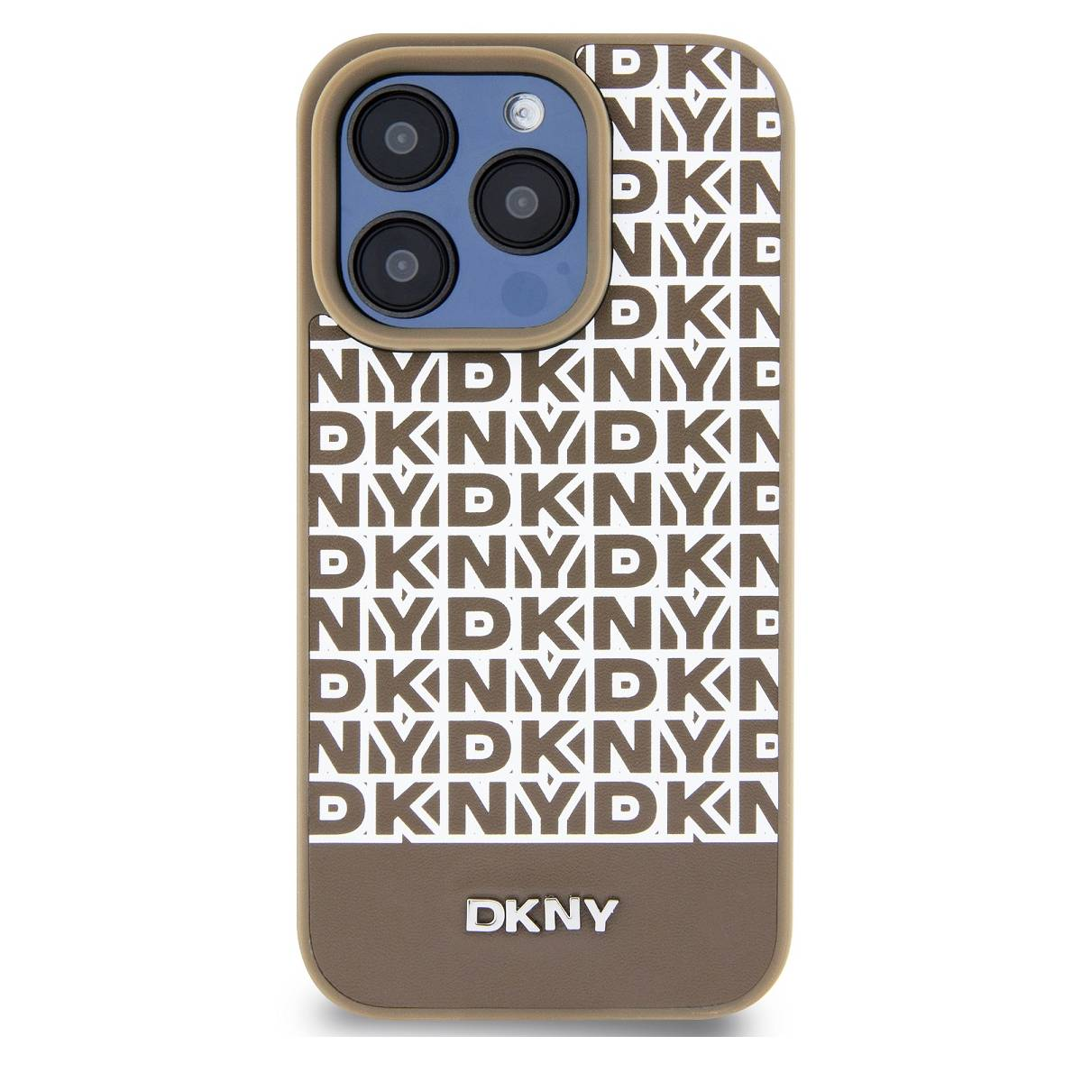 Custodia per iPhone con base marrone e loghi DKNY. Su sfondo bianco.