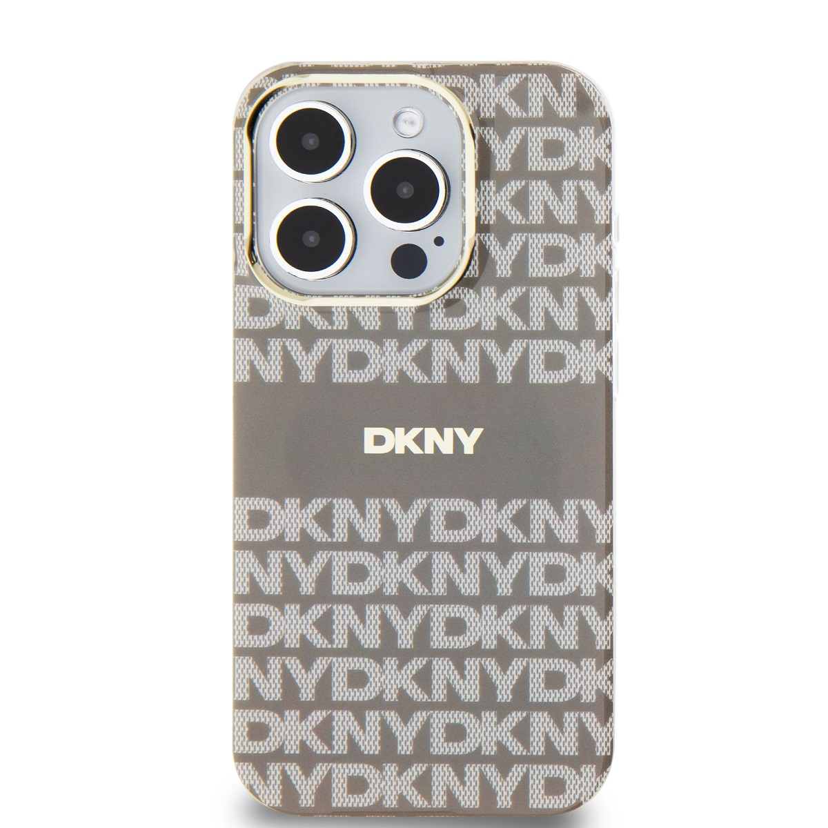 Custodia con motivo logo DKNY. Grigio e bianco. Fotocamera del telefono visibile. Sfondo bianco.