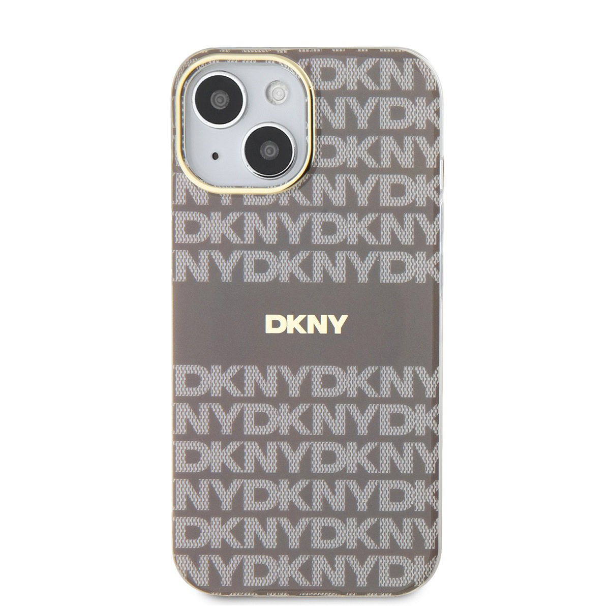 Custodia per iPhone con logo DKNY. Il motivo DKNY si ripete sul retro. Sfondo bianco.