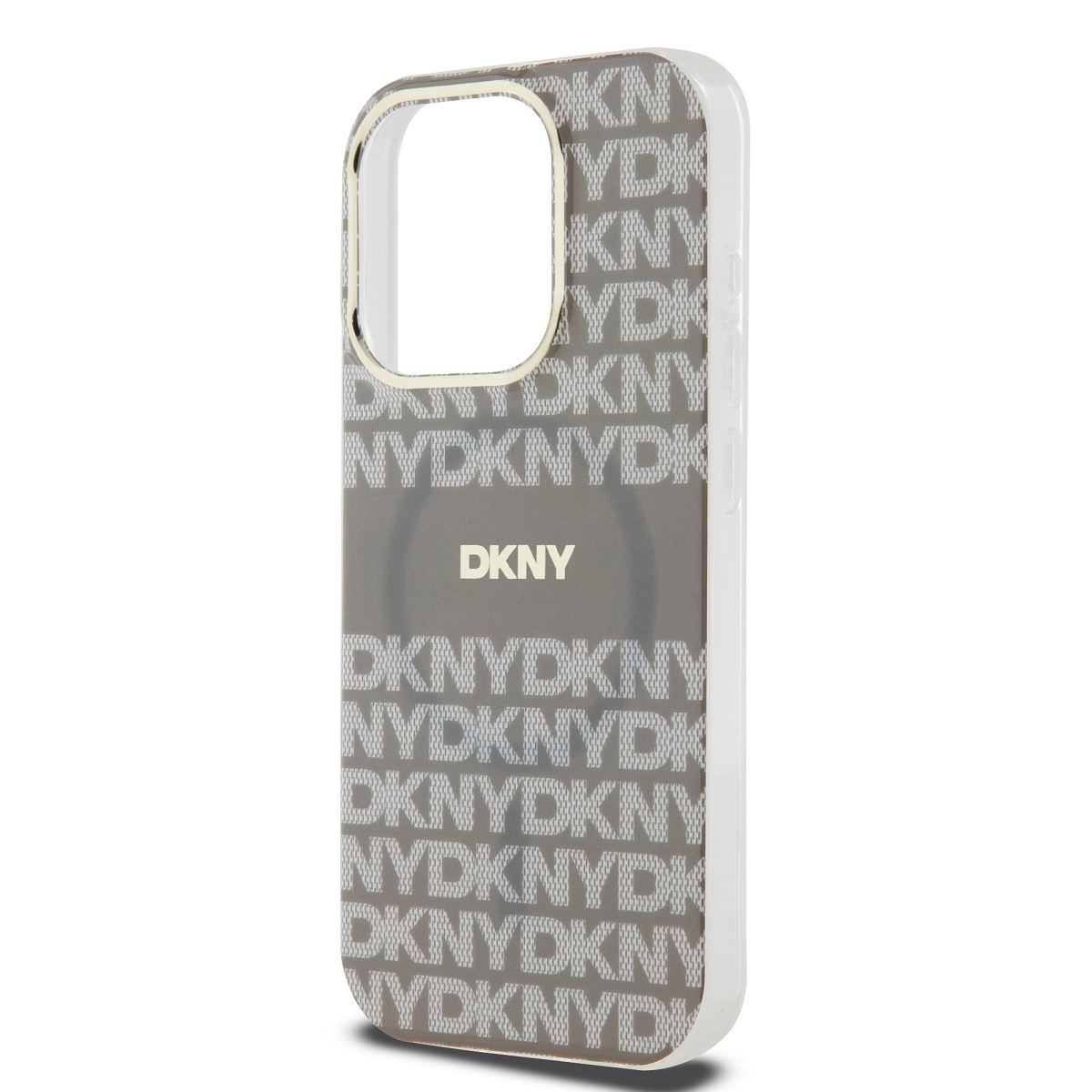 Una custodia per telefono DKNY con loghi. Il telefono è dentro. Lo sfondo è bianco.