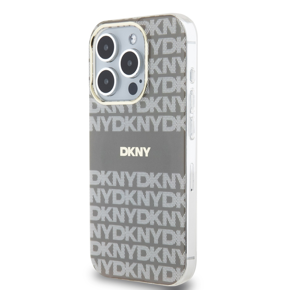 Custodia trasparente con un motivo DKNY. Lo sfondo è bianco.