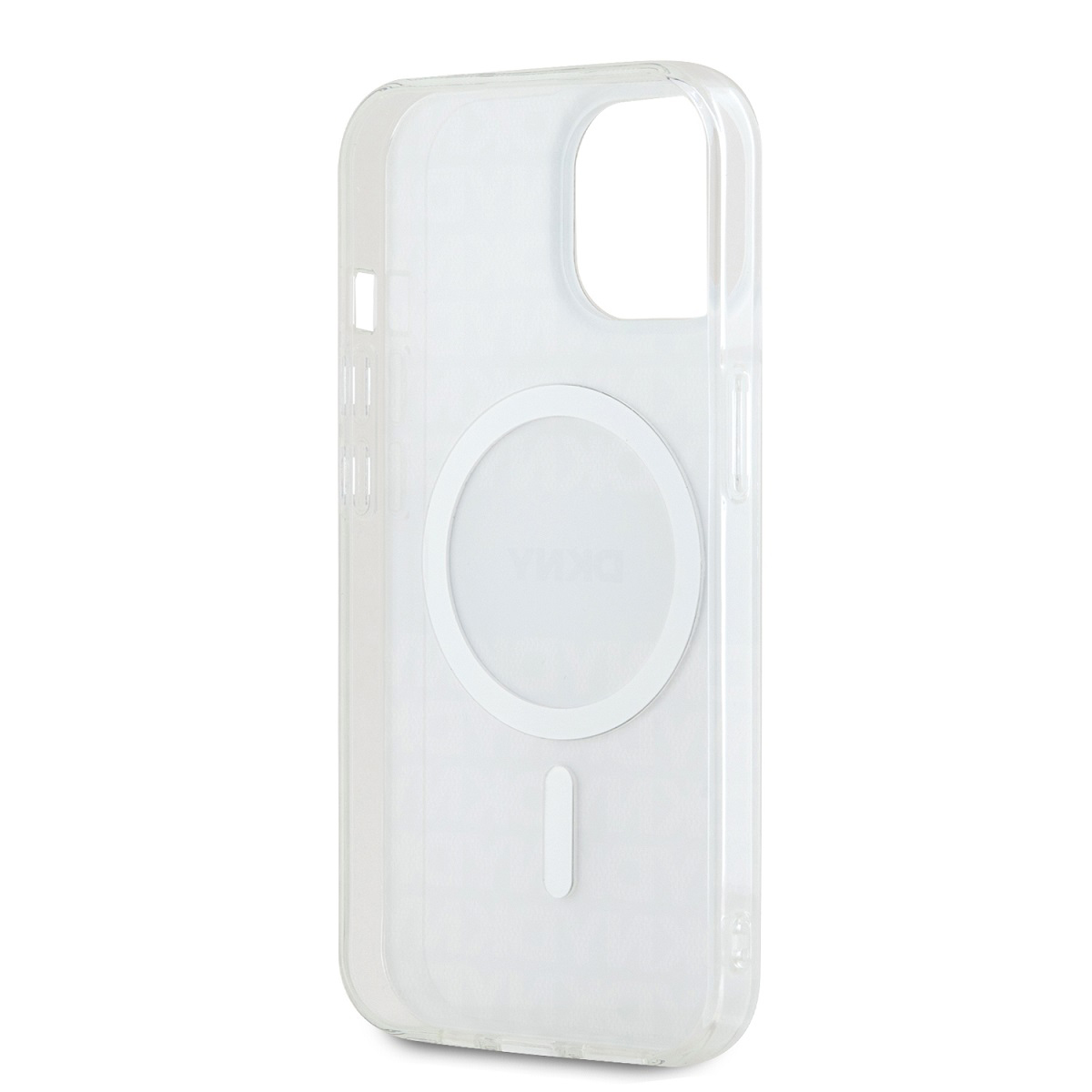 Custodia trasparente con logo DKNY bianco e anello magnetico. La custodia è trasparente.