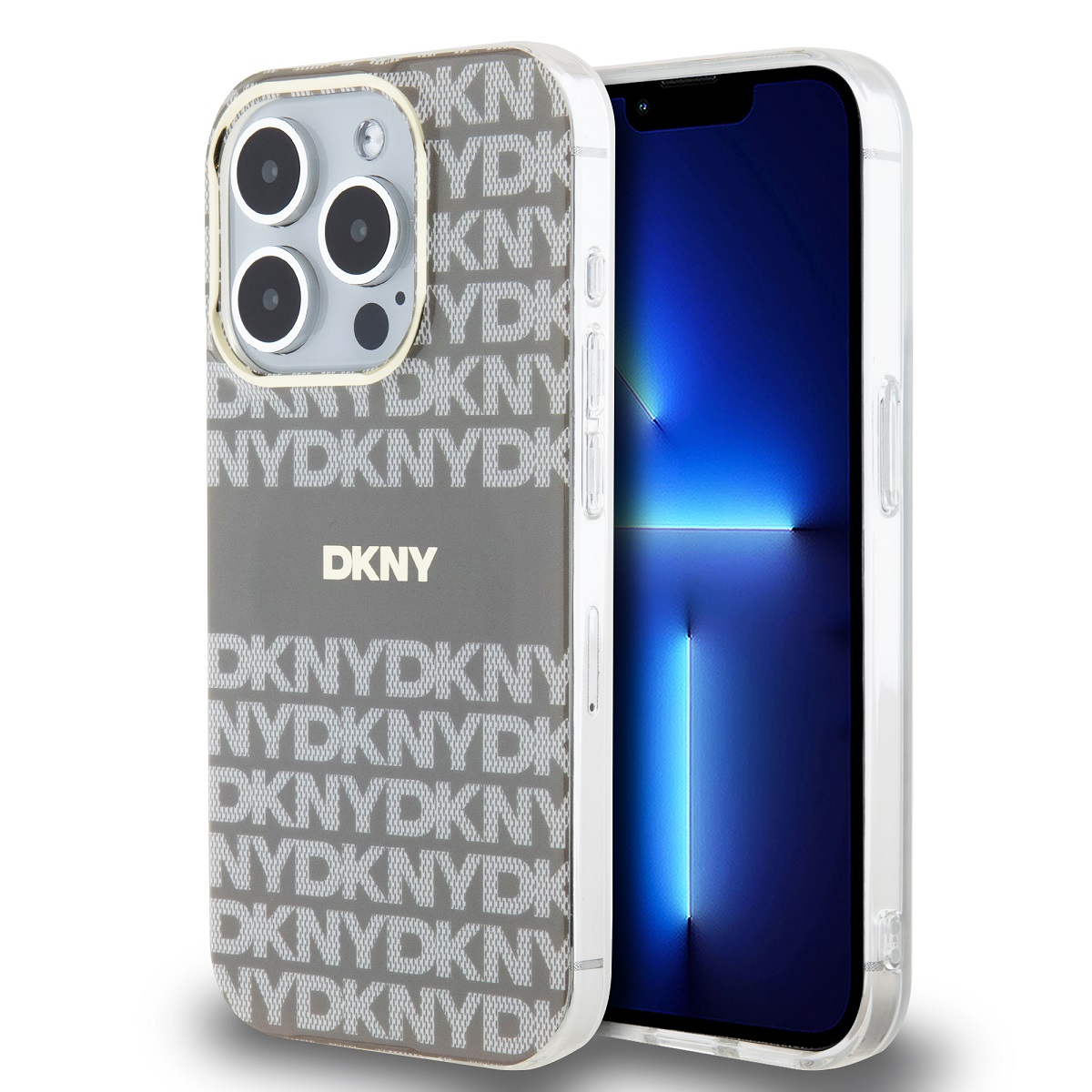 Custodia per telefono con motivo DKNY, bianco e grigio. Telefono con schermo all'interno. Sfondo bianco.