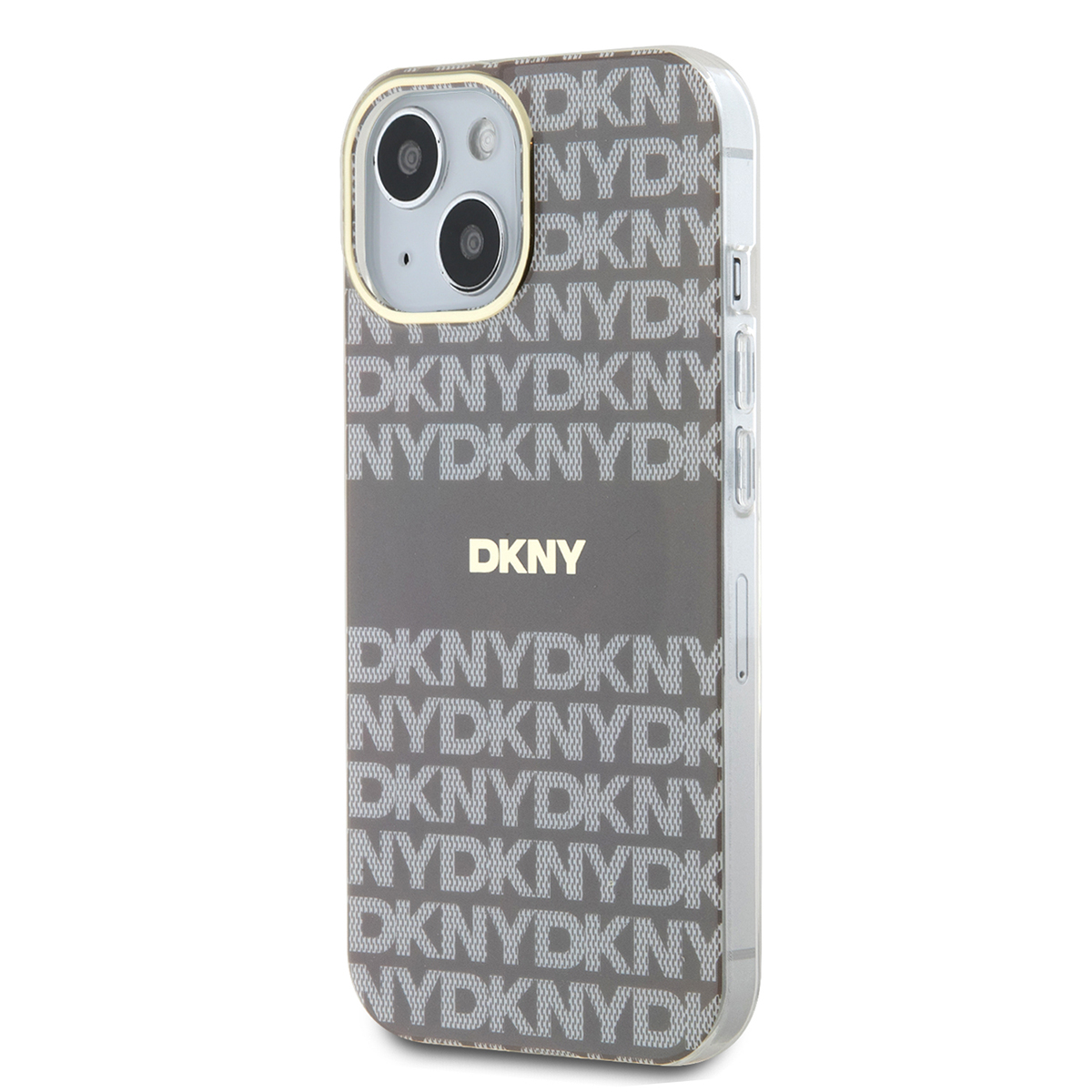 Custodia con motivo DKNY, testo bianco su grigio. Sfondo bianco.