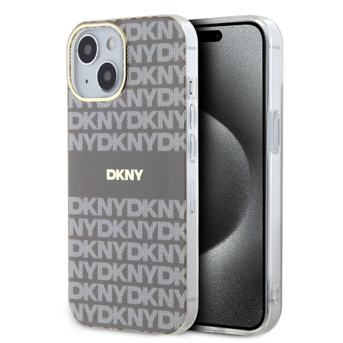 Telefono in custodia DKNY. Motivo logo DKNY grigio su custodia trasparente.