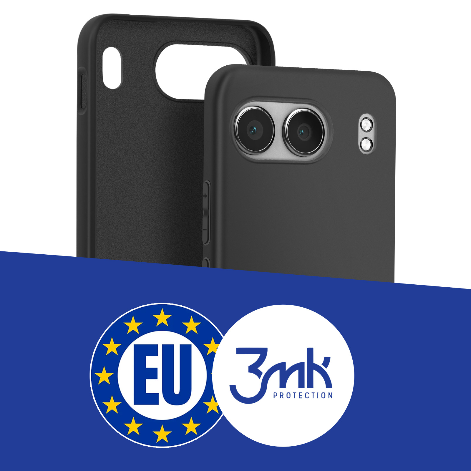 Dwa czarne etui na telefon, jedno otwarte, drugie zamknięte, z logo UE i 3mk Protection.