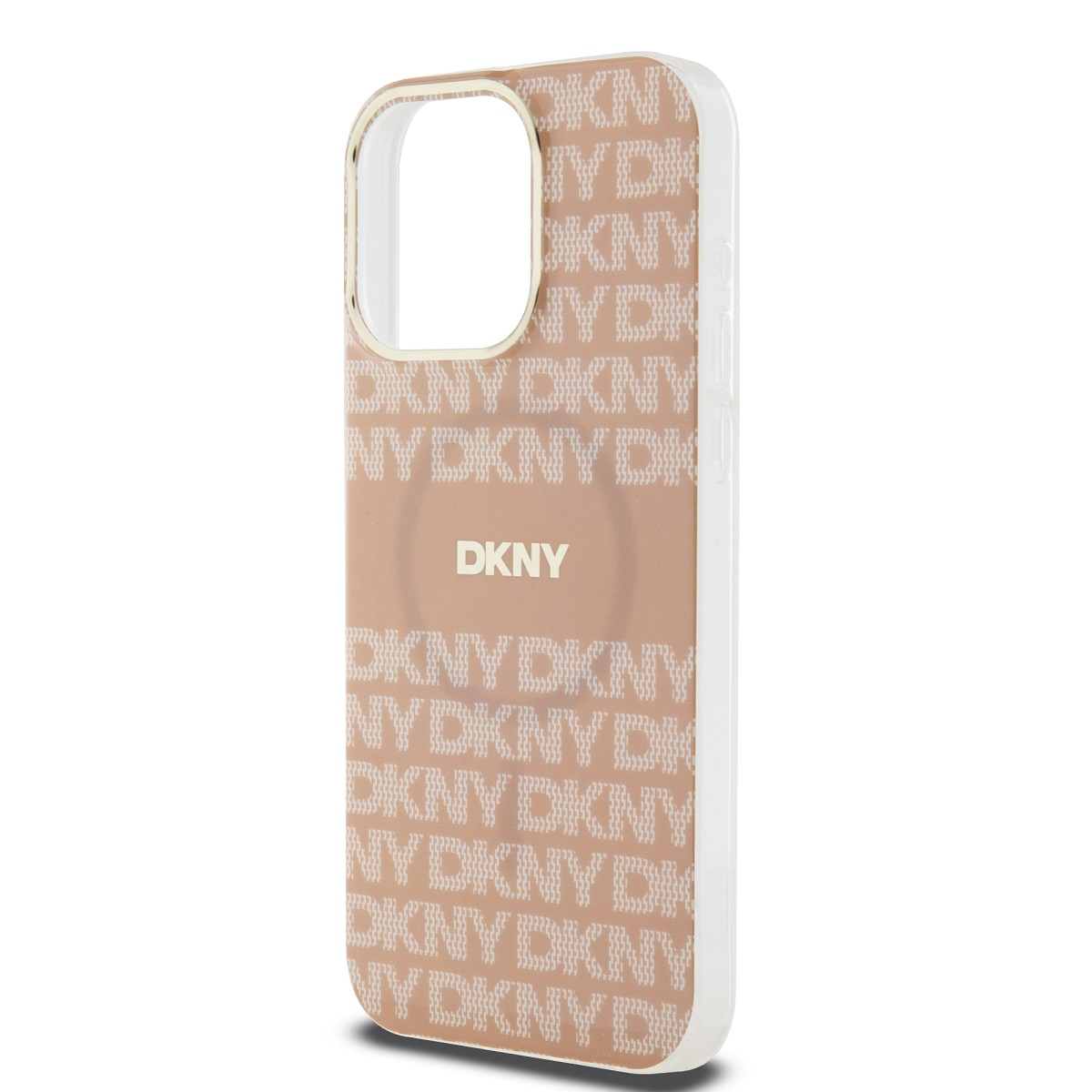 Custodia per telefono con motivo logo 'DKNY'. Sfondo beige, testo bianco e cornice dorata per la fotocamera.