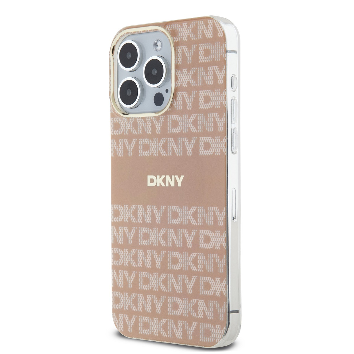 Custodia DKNY color camoscio con logo DKNY bianco ripetuto. Copre retro e bordi.
