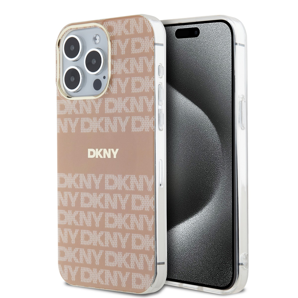Un telefono e una custodia con il marchio DKNY. Il telefono è nella custodia e mostra uno schermo trasparente. La custodia ha uno sfondo beige.