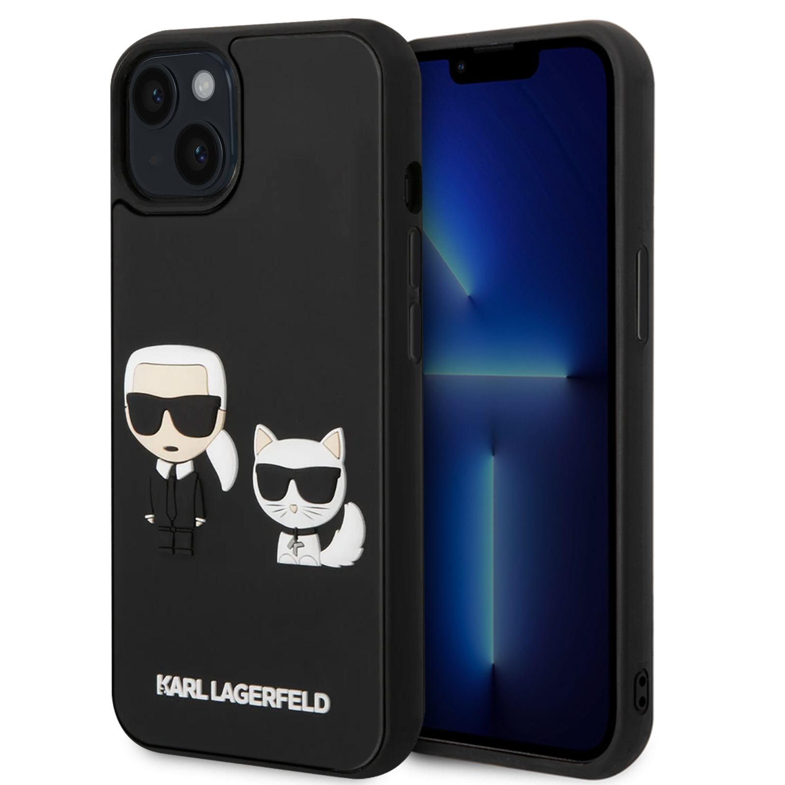 Custodia per telefono nera con i personaggi di Karl Lagerfeld e un gatto.