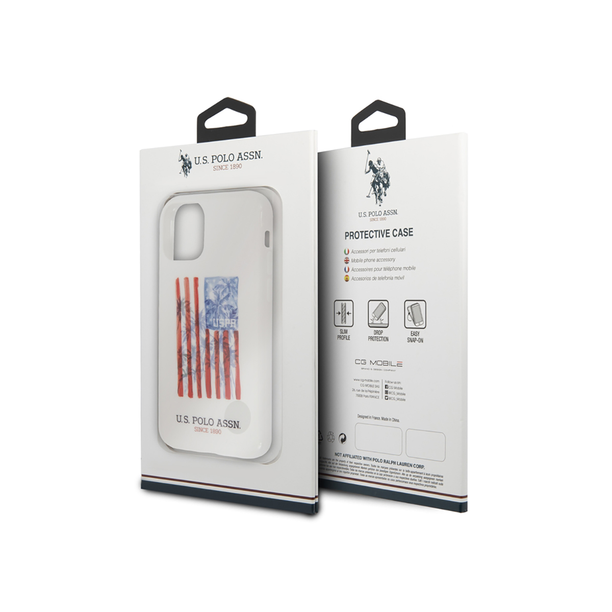 Verpackung für Handyhülle, weiß mit US Polo Assn. Logo. Text auf der Box. Weißer Hintergrund.