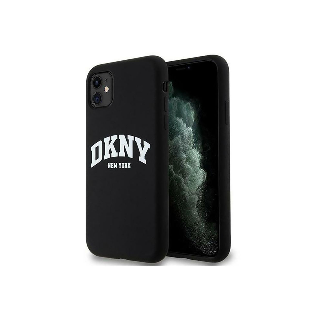 Custodia nera con logo DKNY bianco. Telefono visibile sul lato destro.