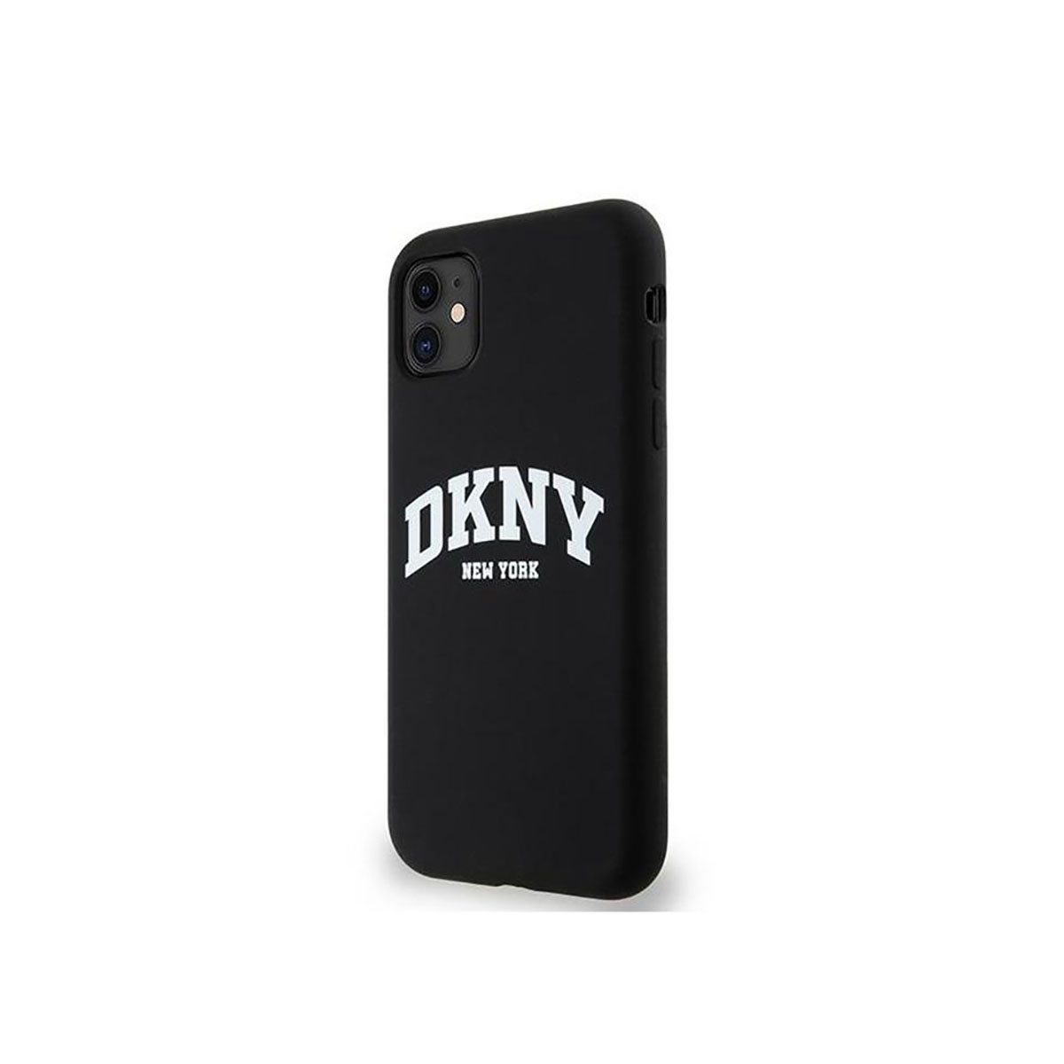 Custodia per telefono nera con logo DKNY in bianco. La custodia è su sfondo bianco.