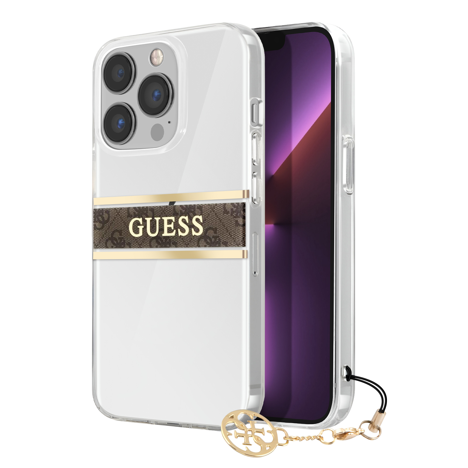 Custodia trasparente con logo GUESS. Banda logo marrone. Telefono con schermo viola e ciondolo oro.