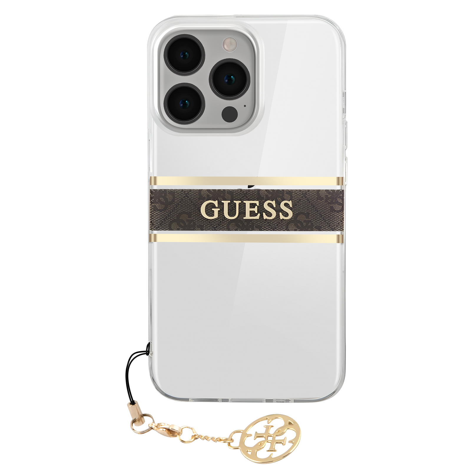 Custodia trasparente con logo 'GUESS' e dettagli dorati.