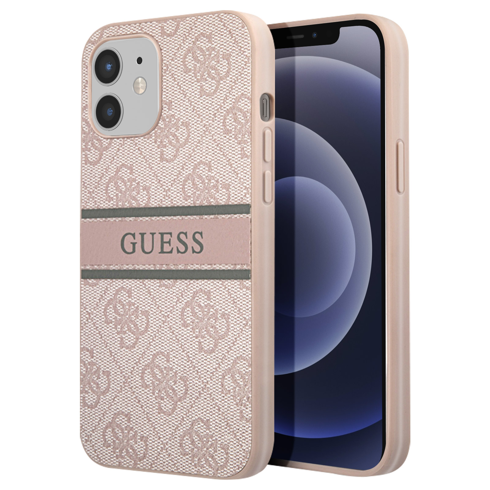 Custodia con motivo logo Guess, un telefono all'interno e sfondo bianco.