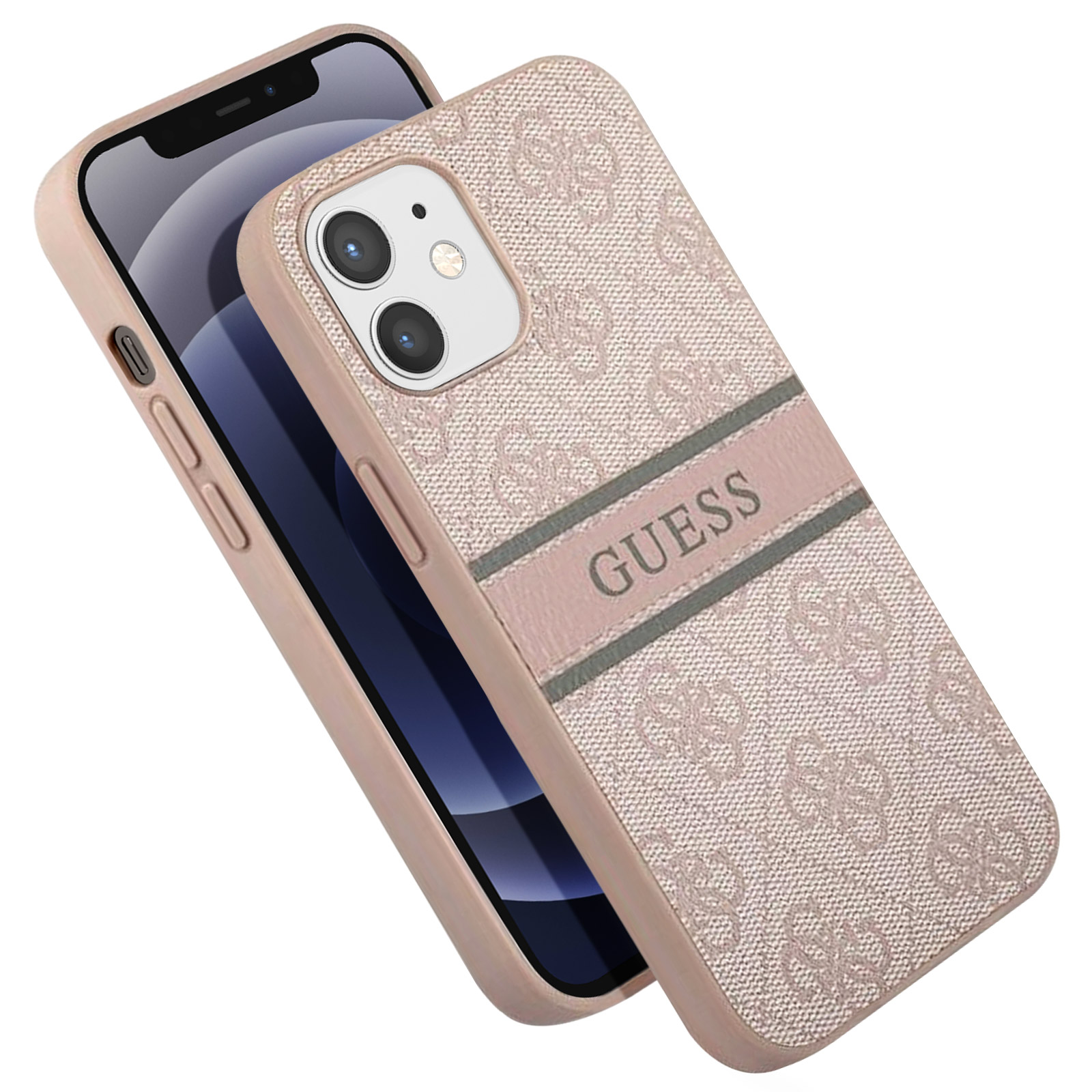 Una custodia rosa per telefono su un telefono. La custodia ha la parola GUESS al centro.