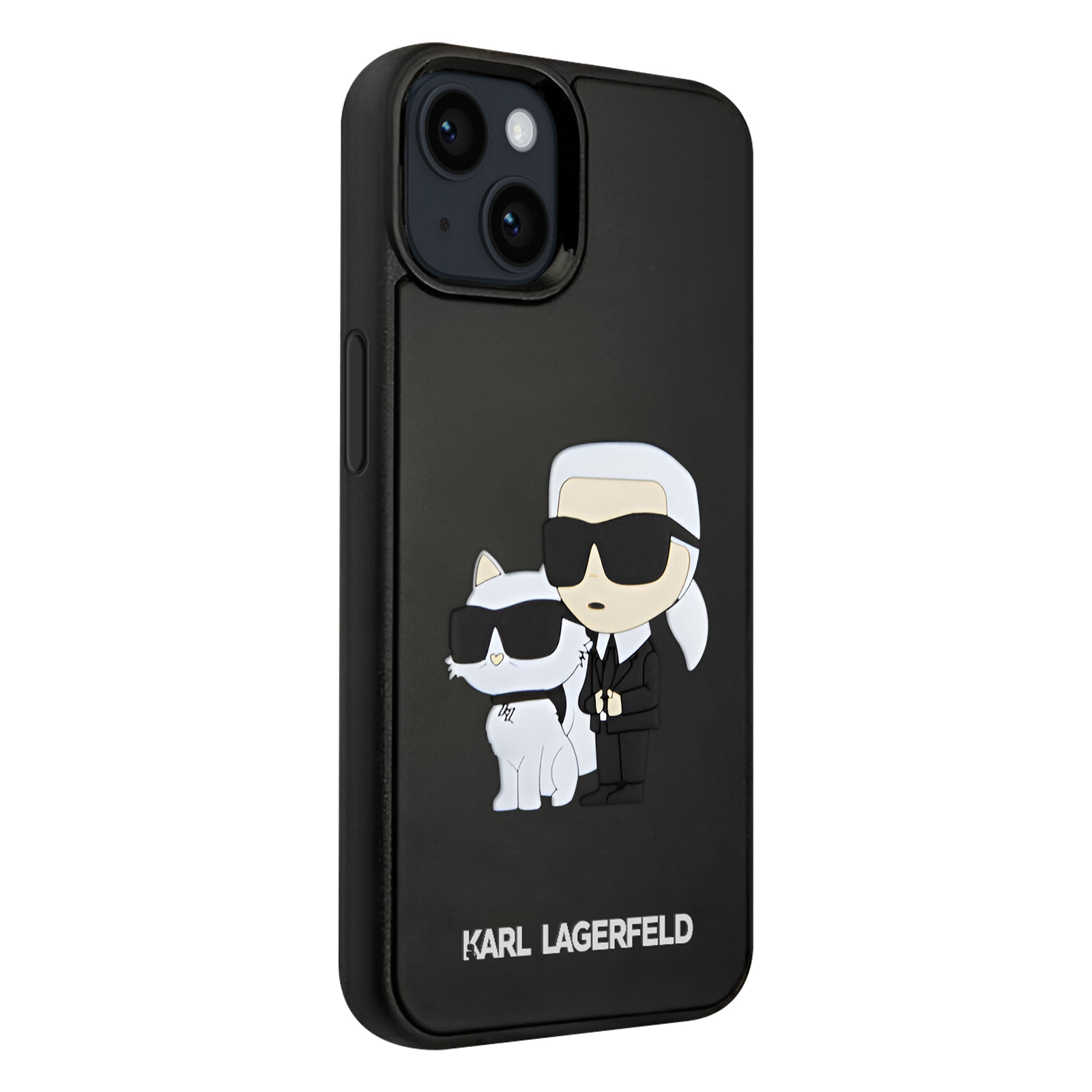 Custodia nera per telefono con figure di Karl Lagerfeld e gatto. Testo bianco: KARL LAGERFELD.