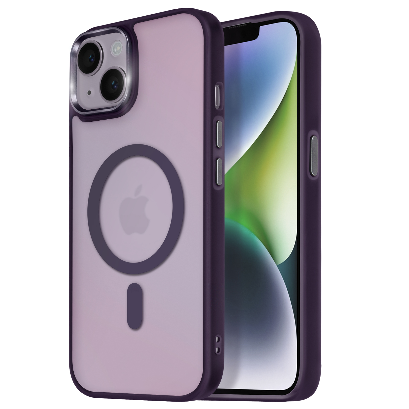 Custodia viola per telefono con logo Apple bianco e cerchio magnetico. Il telefono è dentro.