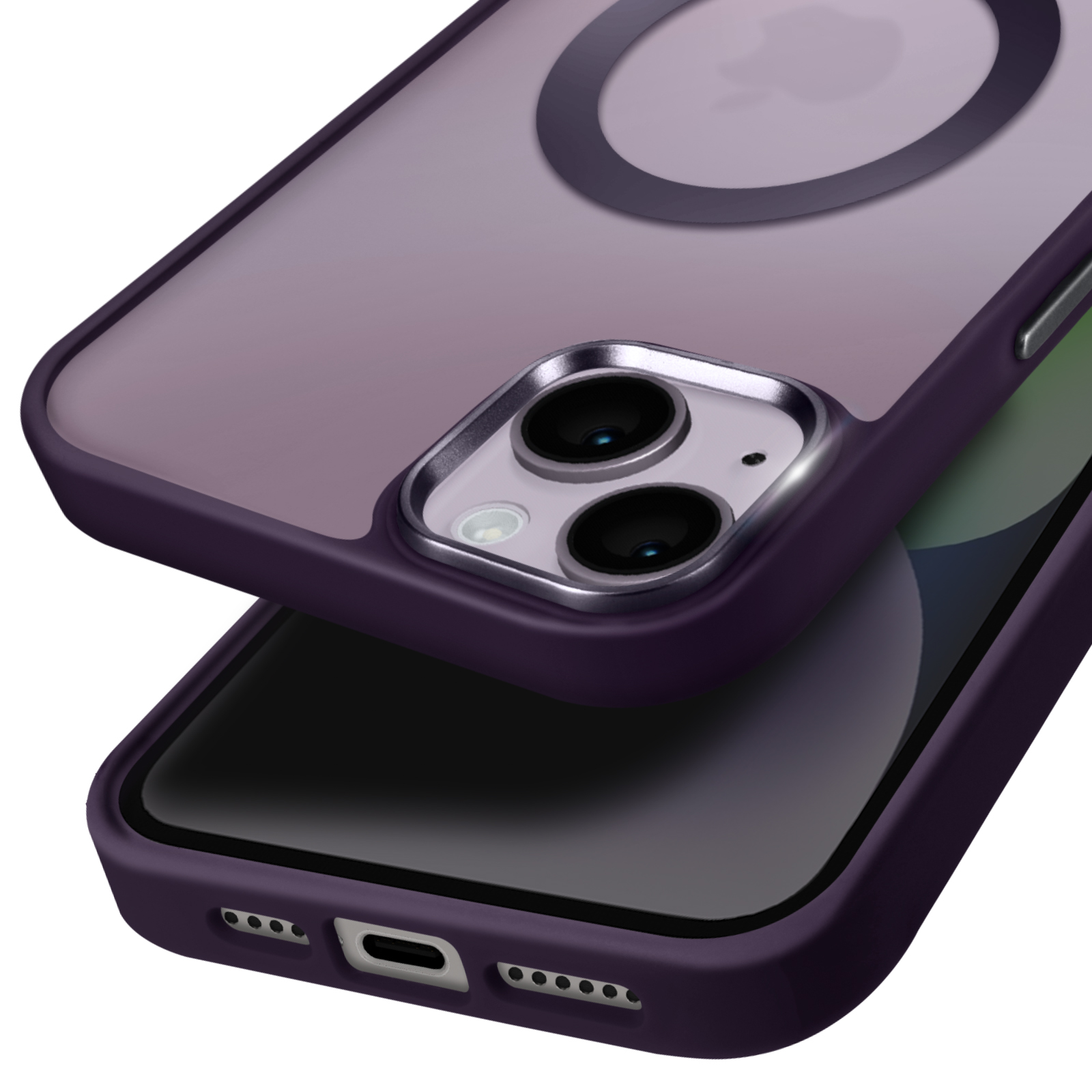Telefono e custodia. Custodia viola con cerchio magnetico scuro. Schermo visibile.
