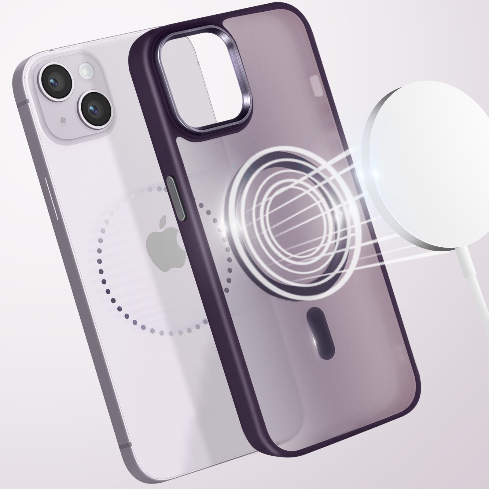 Telefono con custodia viola e caricabatterie magnetico bianco.