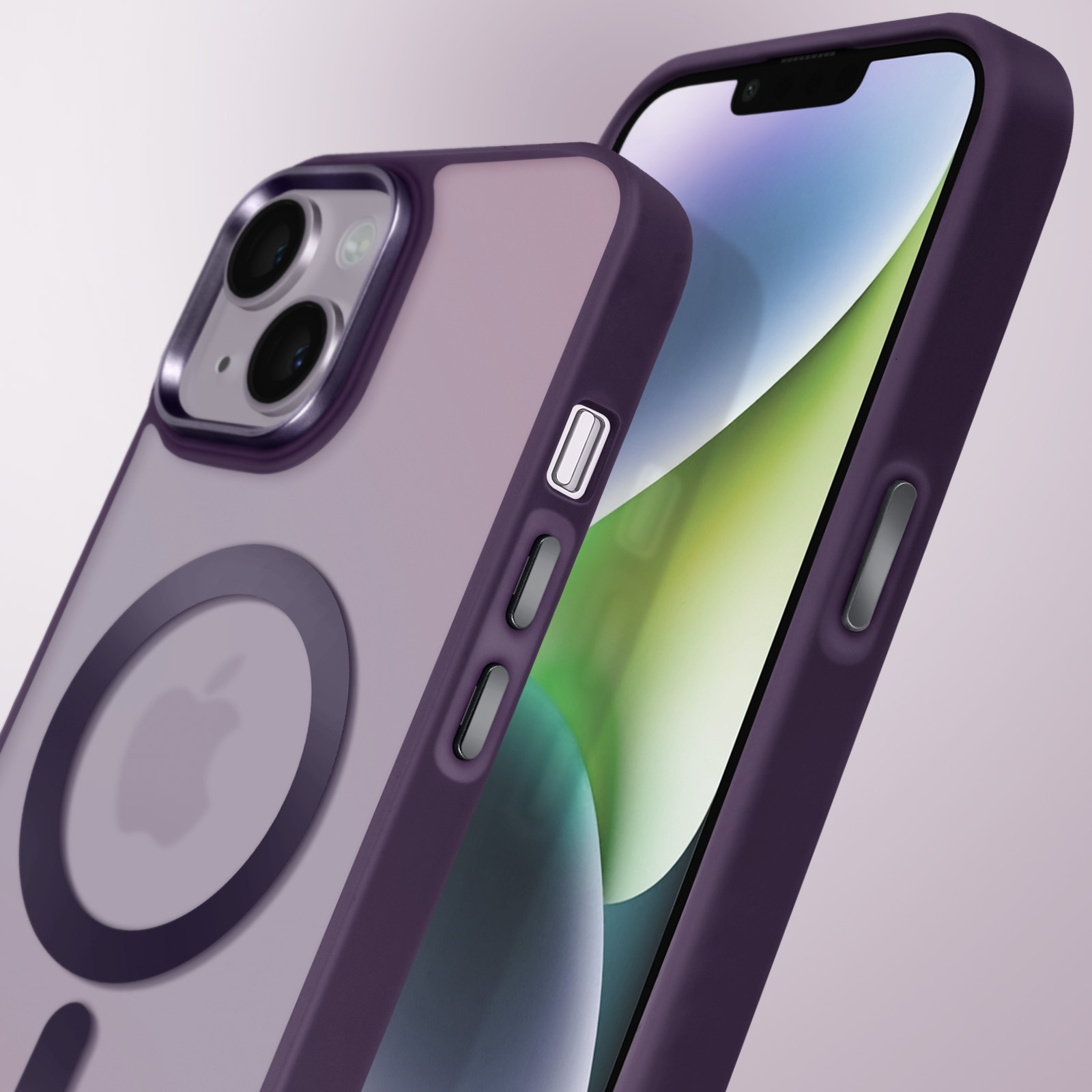 Custodia per telefono viola con retro viola, logo Apple e cornice viola scuro. Telefono all'interno.
