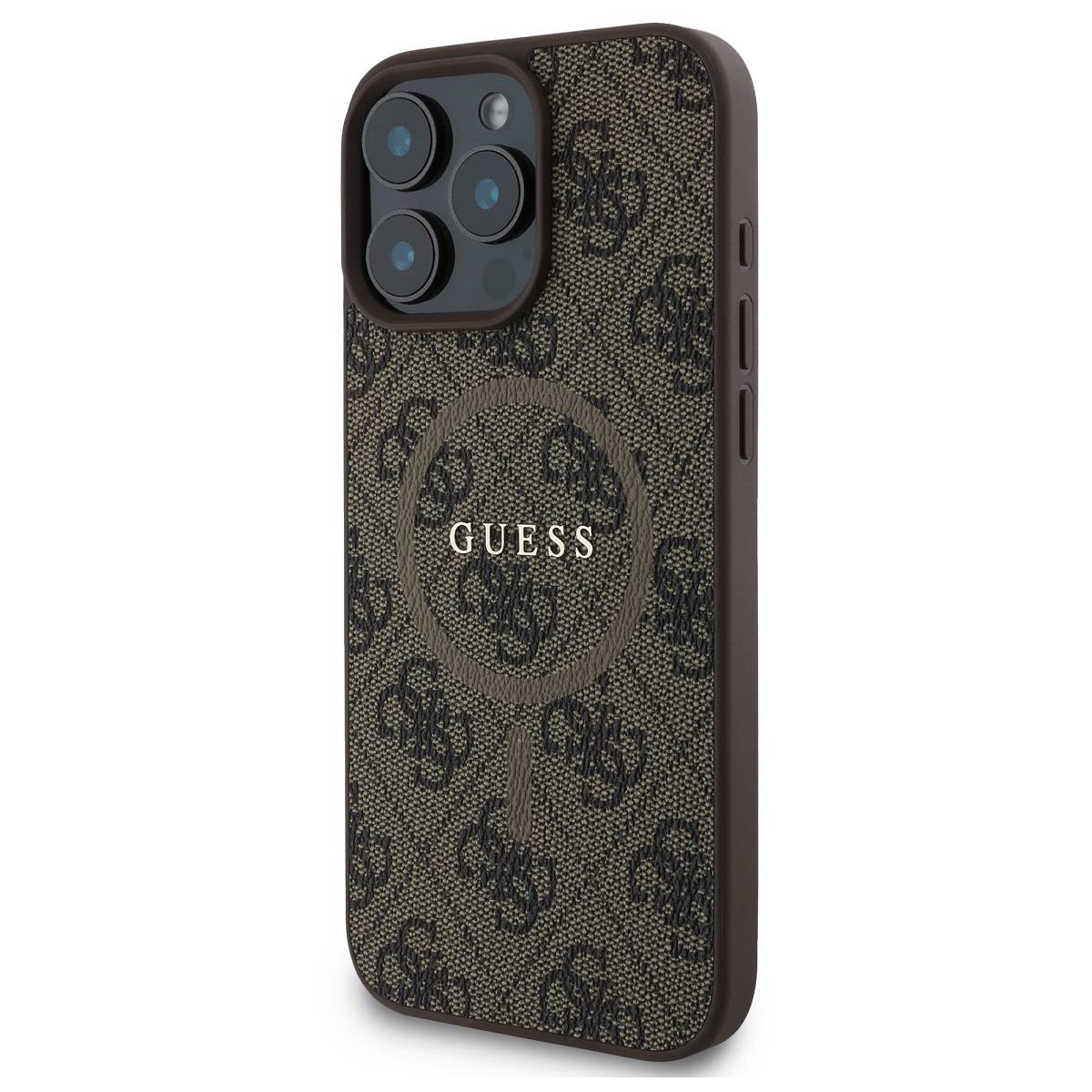 Custodia marrone con motivo GUESS. Sono visibili un'area della fotocamera e il testo GUESS bianco.