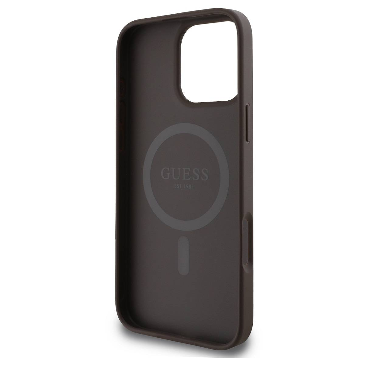 Una custodia per telefono marrone, con il logo 'GUESS'. Ha un marchio circolare.
