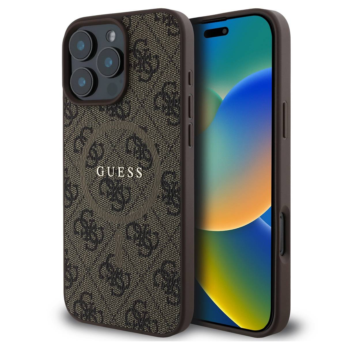 Custodia per telefono marrone con logo e motivo GUESS. Schermo del telefono visibile. Sfondo bianco.