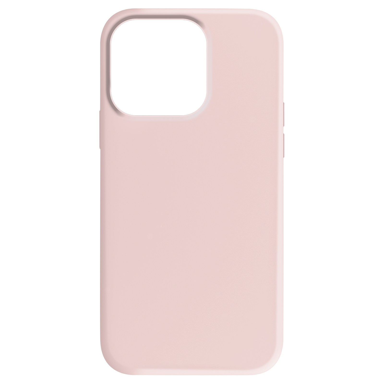 Custodia rosa con fori per fotocamera e tasti. Sfondo bianco.