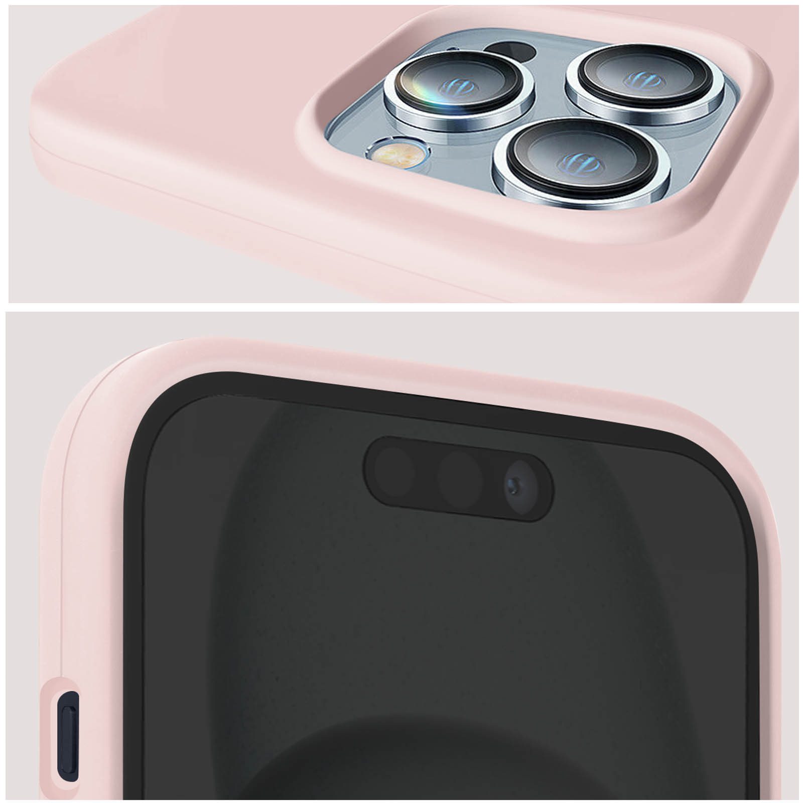 Primo piano di una custodia rosa e della fotocamera del telefono. La custodia ha una superficie liscia.