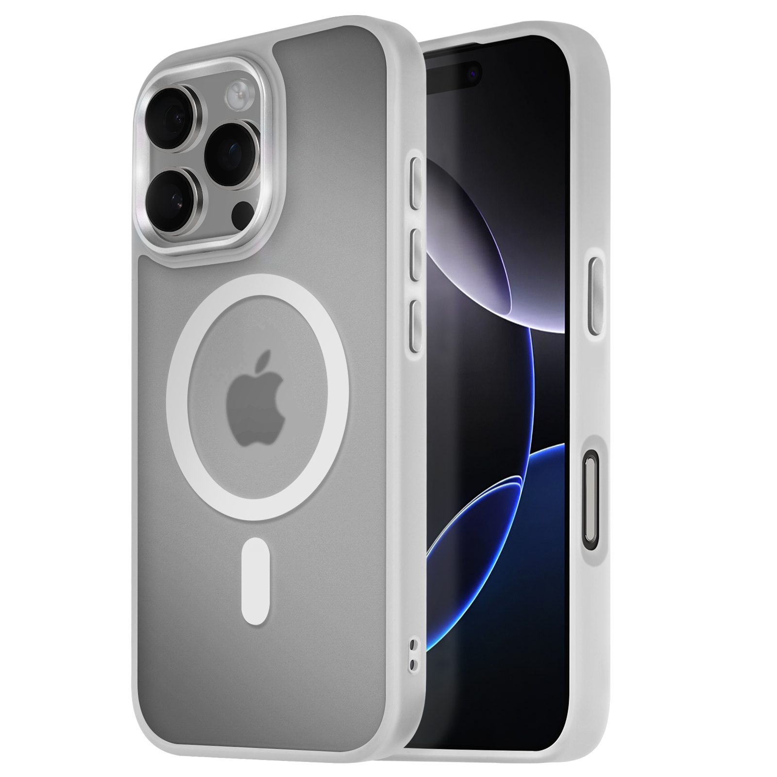 Custodia per telefono con telefono all'interno, grigia e bianca, con logo Apple, su sfondo bianco.