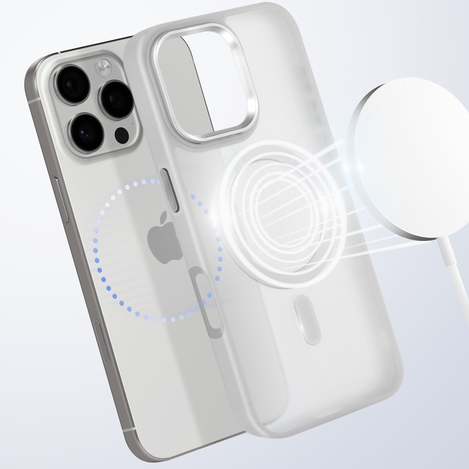 Custodia trasparente per iPhone con caricatore circolare. Logo Apple sul retro.