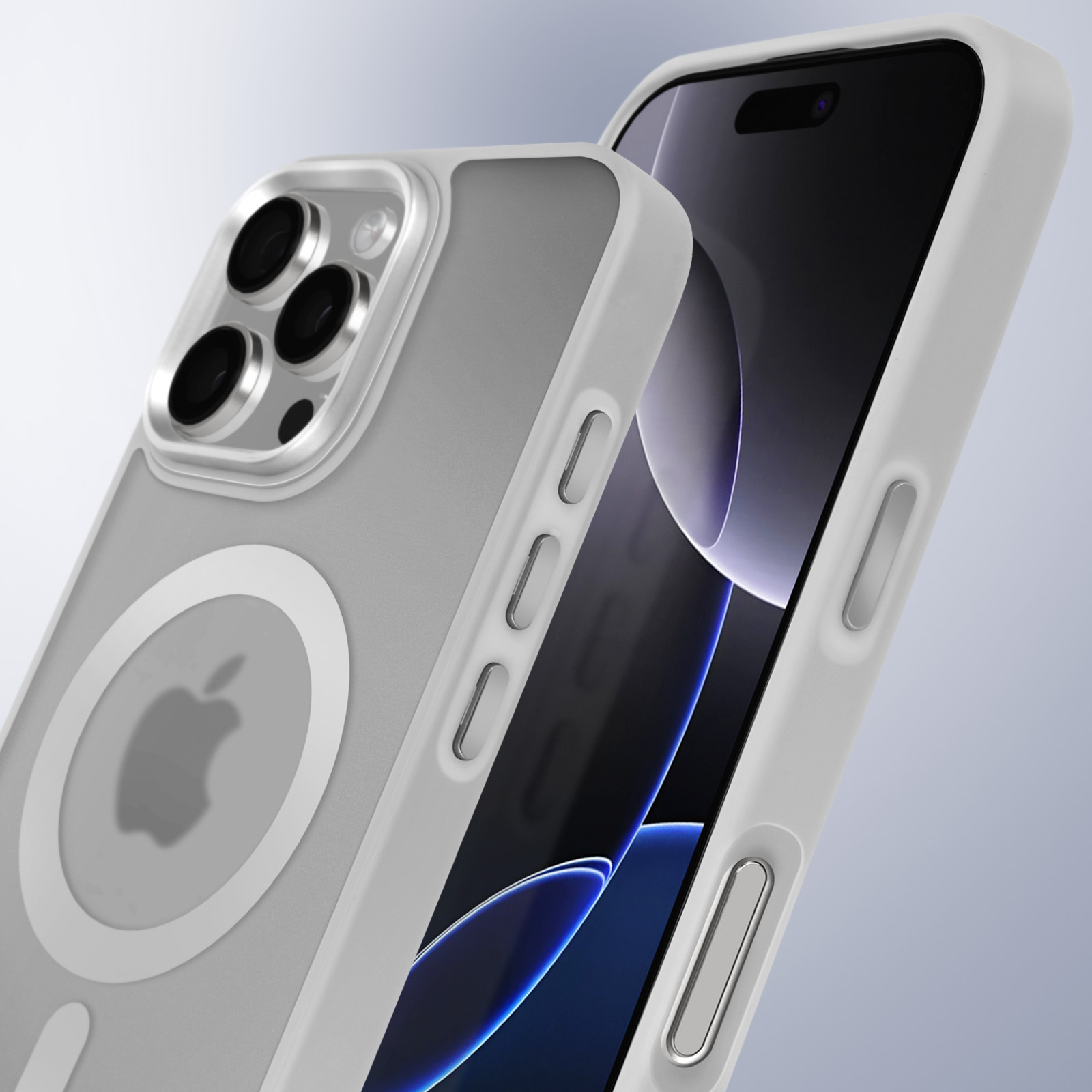 Custodia grigia per telefono con logo Apple nero. La custodia è di colore grigio chiaro e si trova a sinistra.